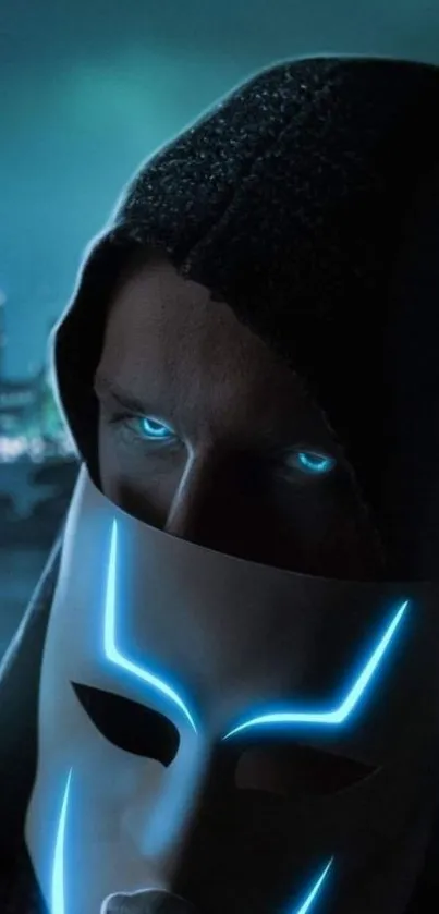 Masked figure with glowing blue eyes and mask in an urban night setting.