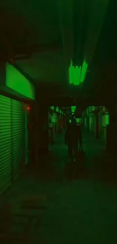 Silhouette in a neon-green lit alleyway, creating a mysterious urban scene.