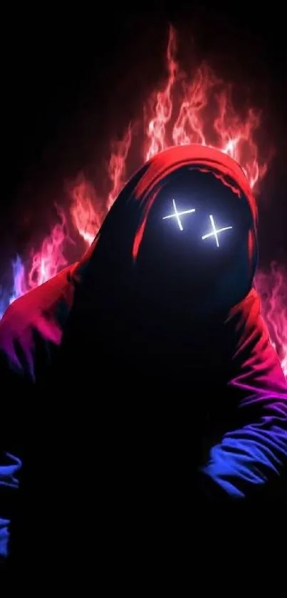 Neon hooded figure with glowing eyes on a dark background.