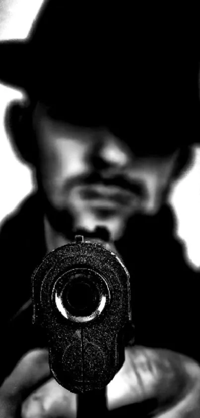 Mysterious noir figure aiming gun in black and white style.
