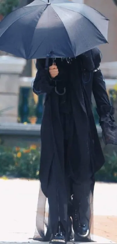 Mysterious figure in black with umbrella on a city street.