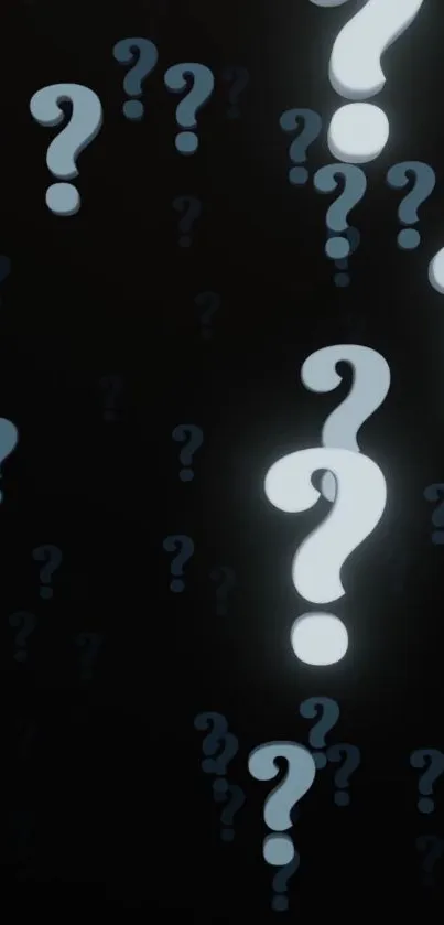 Dark wallpaper with glowing question marks on a black background.