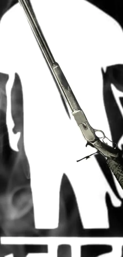 Silhouette with rifle in artistic wallpaper design.