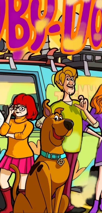 Cartoon mystery team with colorful van.