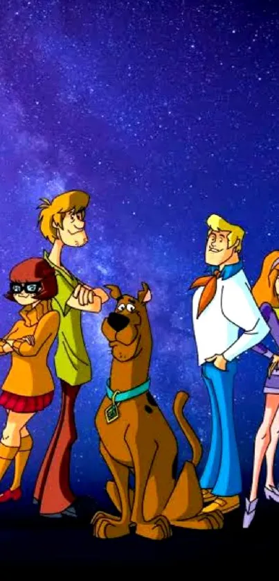 Cartoon mystery team in a galaxy background wallpaper.