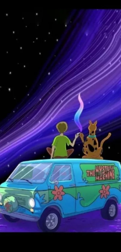 Animated van under a cosmic starry sky at night.