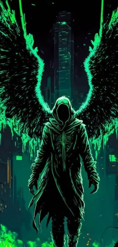 Dark angel with neon green wings in a cityscape mobile wallpaper.