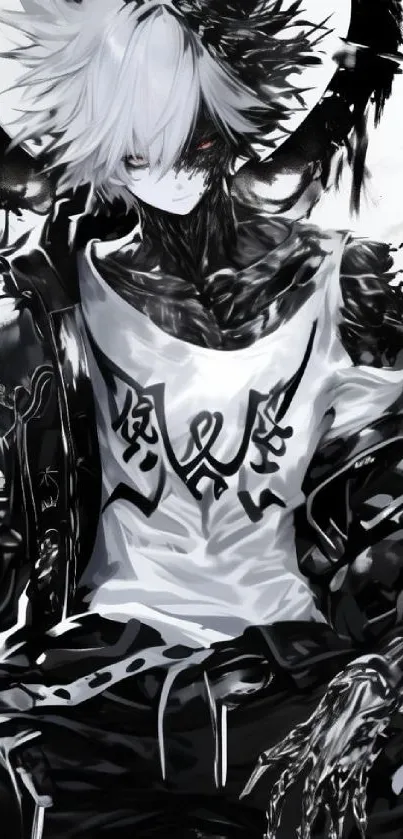 Intricate black and white anime character design.