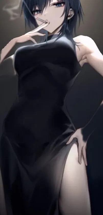 Anime character in black dress with mystic aura, exuding elegance.