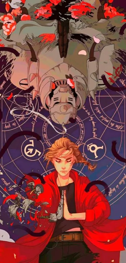 Anime-inspired wallpaper with mystical symbols and red-clad character.