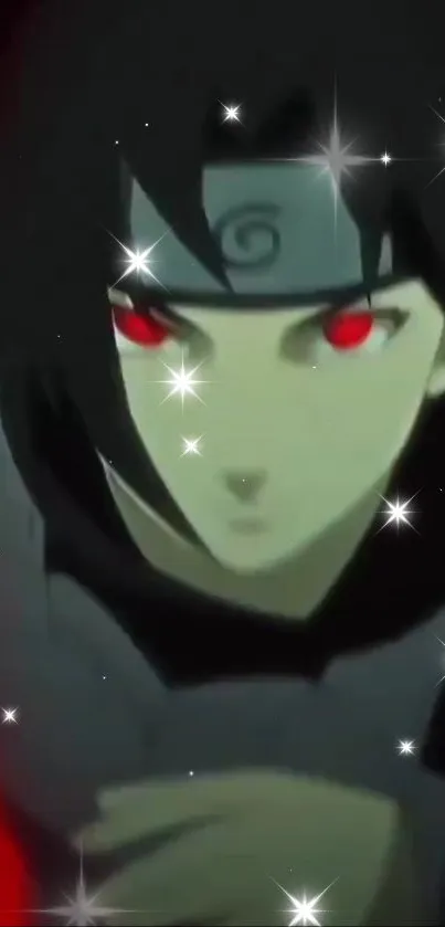 Anime hero with red eyes and a black starry background.