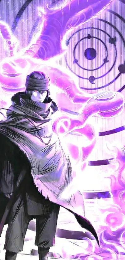 Anime character with purple aura and mystical background.