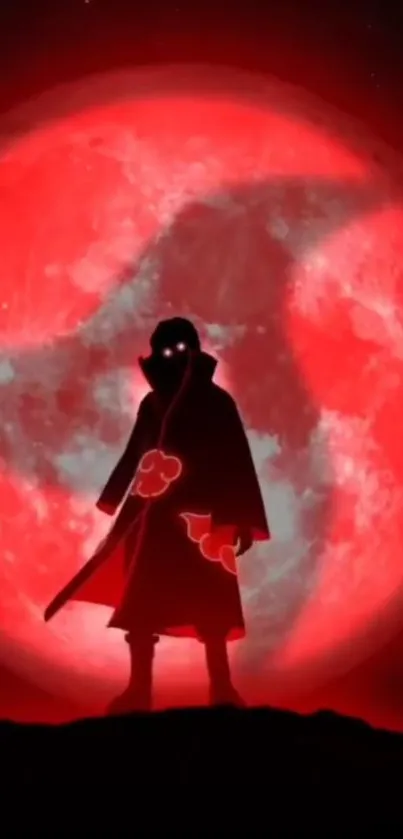 Silhouette against a vivid red moon in anime style.