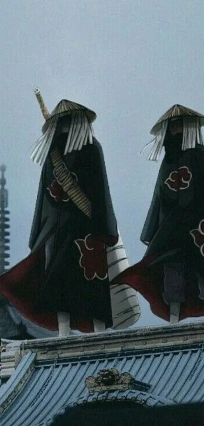 Anime characters in dark cloaks on rooftop with oriental backdrop.