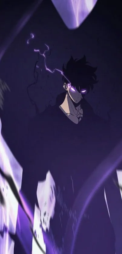 Mystic anime character in dark silhouette with glowing purple accents.