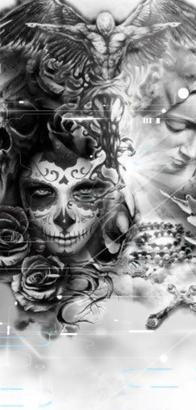 Black and white mystical art wallpaper for mobile phones.