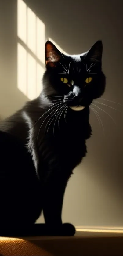 Black cat in sunlight with a shadowed background, creating a mystic effect.