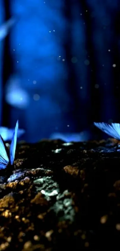 Mystic blue butterflies in a forest scene.