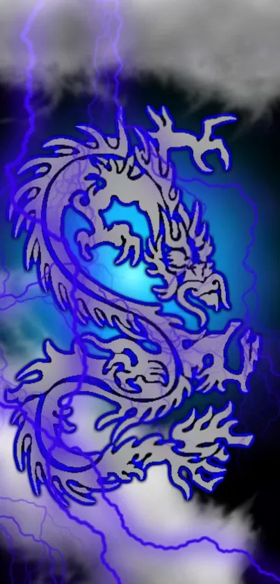 Intricate blue dragon amidst lightning on a dark cloudy background.