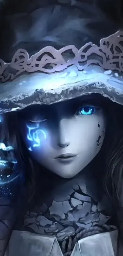 Mystical sorceress with blue eyes glowing in the dark fantasy art.