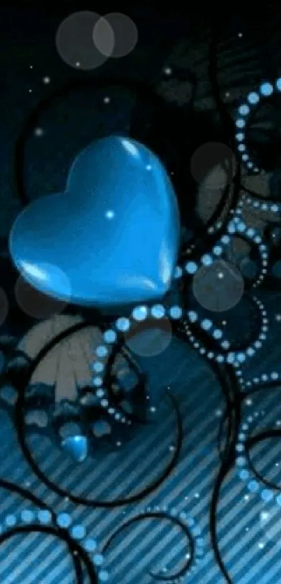 Elegant blue heart with black swirls on a dark background.