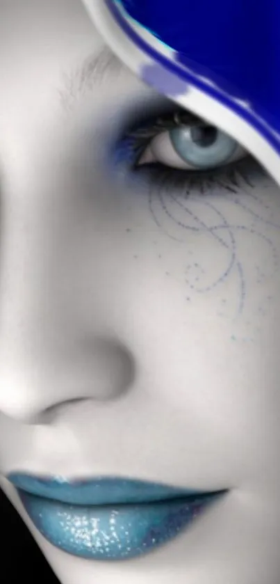 Mystical face with artistic blue mask design.