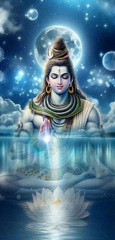 Mystical deity in serene meditation with celestial background, reflecting peace and divinity.