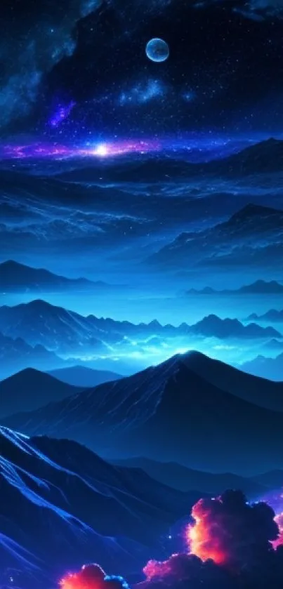 Mystical blue mountains with starlit night sky wallpaper.