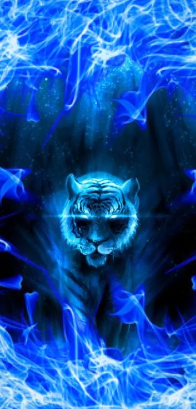 Mystic blue tiger with glowing aura in vibrant mobile wallpaper.