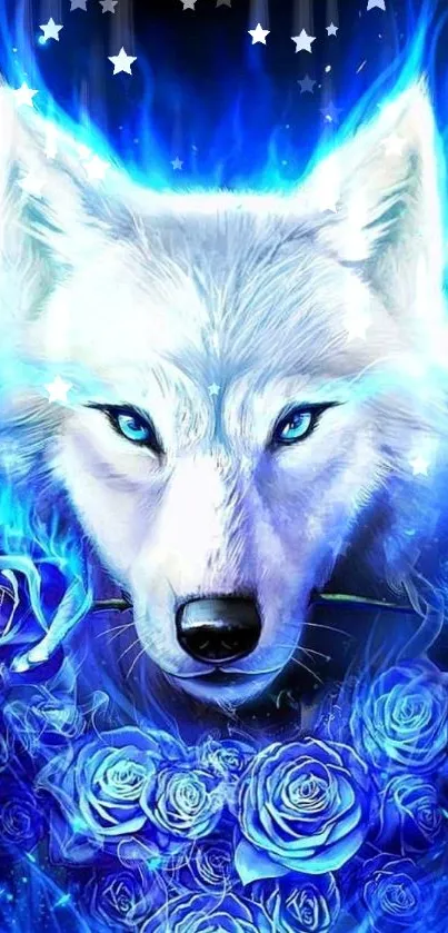 Blue wolf with glowing eyes surrounded by roses in striking digital artwork.