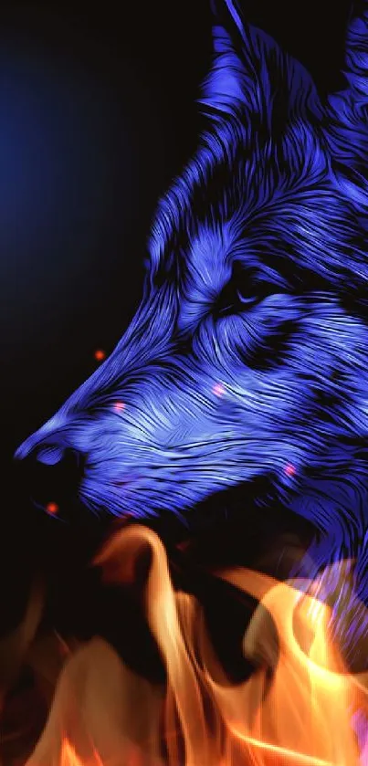 A stylized blue wolf against a dark night sky with a crescent moon.