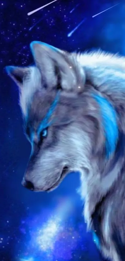 Mystic blue wolf under a starry sky.