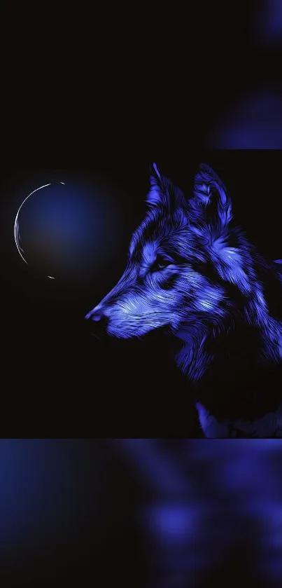 Blue wolf with a moonlit backdrop in digital art design.