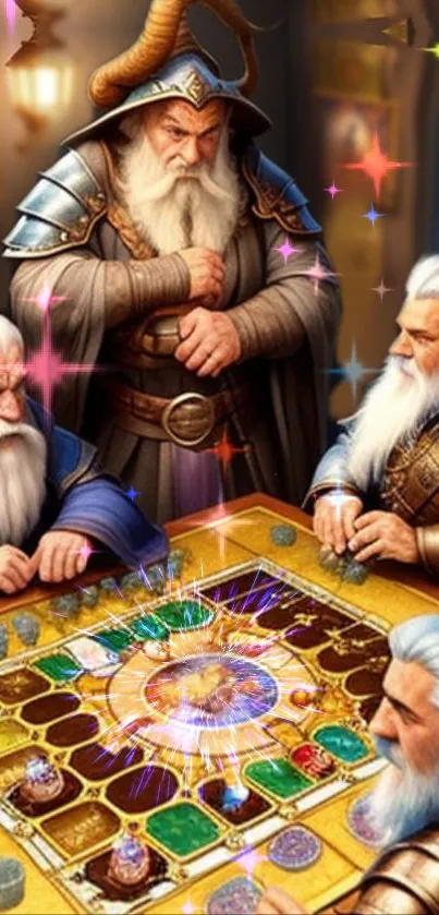 Four wizards engaged in a mystical board game surrounded by magic and fantasy.