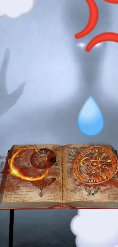 Mystic open book with symbols and shadowy art on blue background.