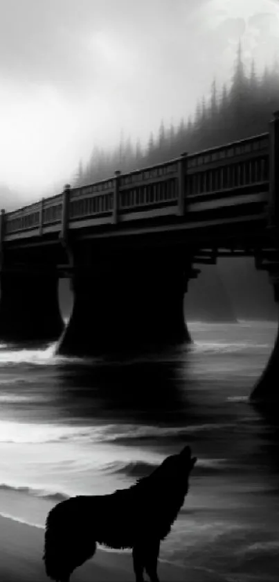 Black and white wallpaper with wolf howling under a bridge and moonlit sky.