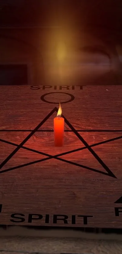 Glowing candle centered on a wooden pentagram with spiritual symbols.