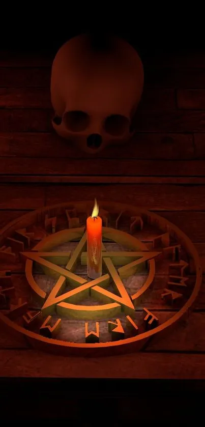 Mystical wooden table with candles, pentacle, and skull.