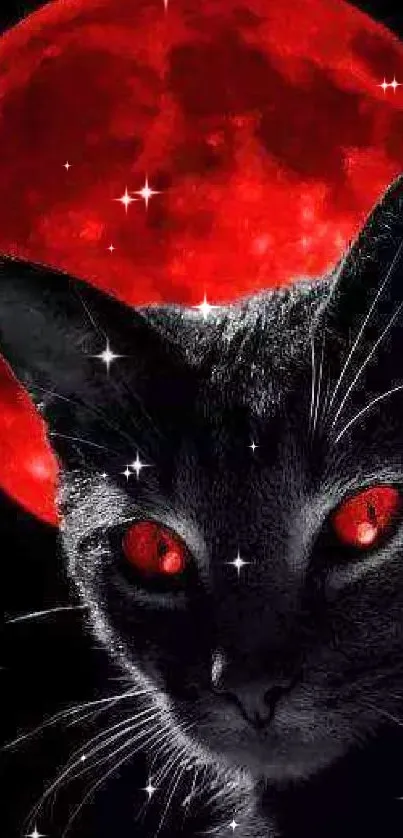 Mystic black cat with red moon backdrop, creating an enigmatic mobile wallpaper.