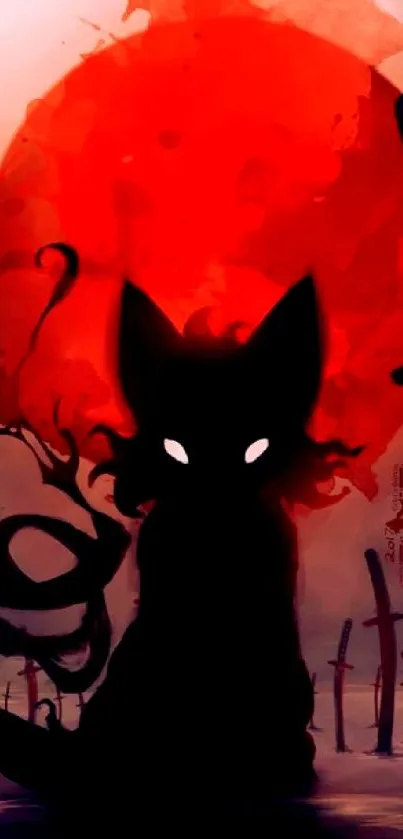 Mystic cat silhouette with swords against a red backdrop.