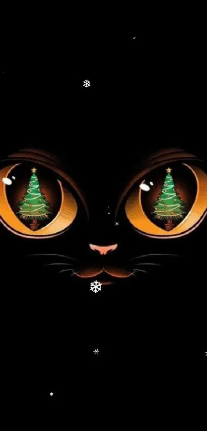 Mystic cat eyes with Christmas tree reflection on black background