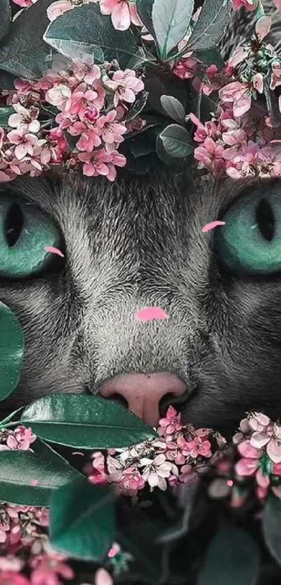 Enchanting cat with vibrant green eyes surrounded by pink blossoms.