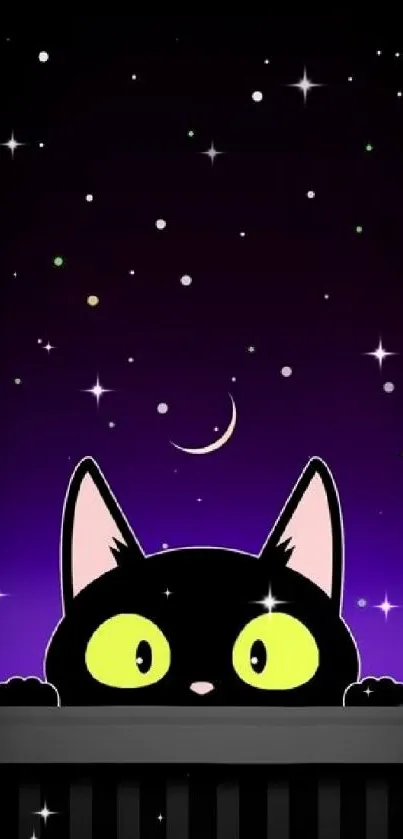 Charming black cat with yellow eyes under a starry night sky and crescent moon.