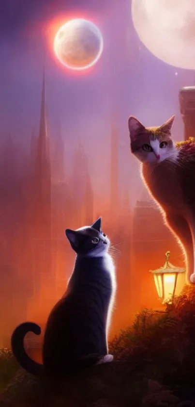 Two mystical cats in a twilight fantasy setting with moon and vibrant colors.