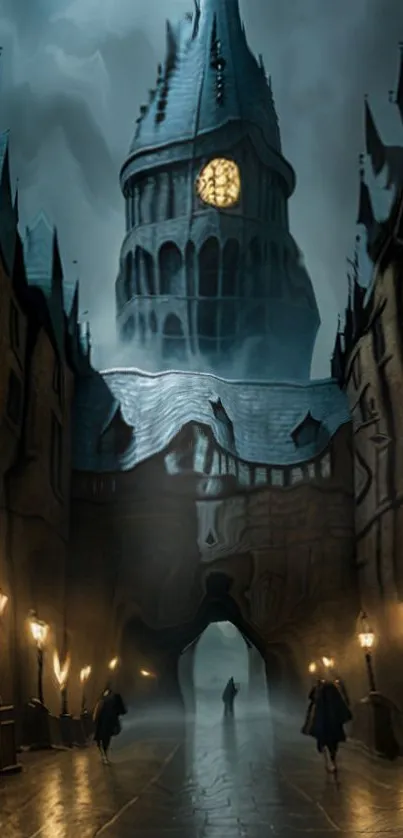 A mystical scene with a gothic clock tower under a moody night sky.