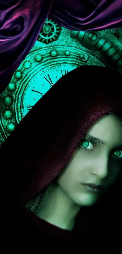 Hooded figure with turquoise eyes and clock background.