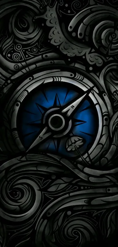 Intricate dark compass art with a vibrant blue center.