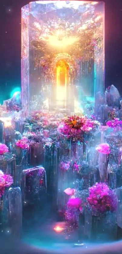 Mystic crystal garden with vibrant colors and flowers in a fantasy setting.