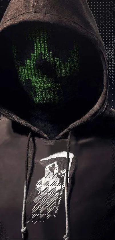 Dark hooded figure with digital green skull face wallpaper.