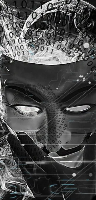 Mysterious masked figure with cyberpunk digital overlay in monochrome design.